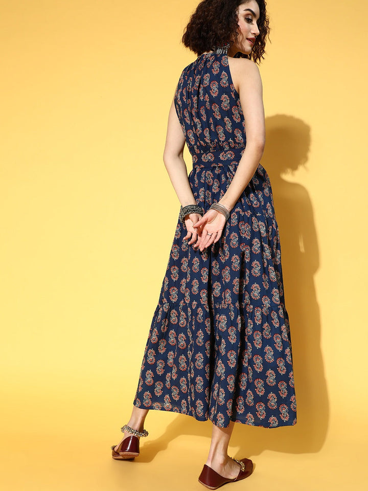Blue Ethnic Printed Dress-Yufta Store-9518DRSBLS