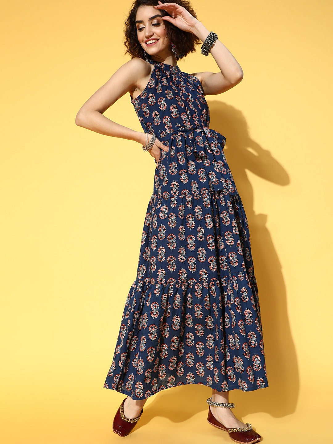 Blue Ethnic Printed Dress-Yufta Store-9518DRSBLS