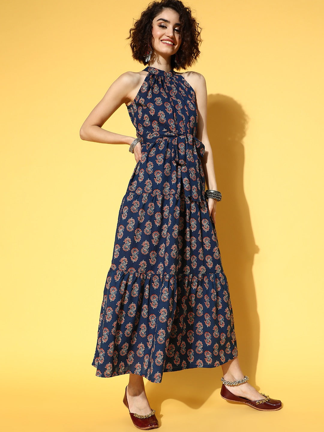 Blue Ethnic Printed Dress-Yufta Store-9518DRSBLS