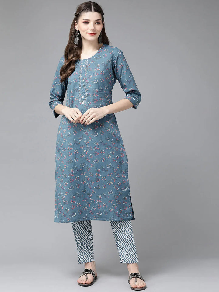 Blue Ethnic Printed Kurta Set-Yufta Store-4710SETBLS