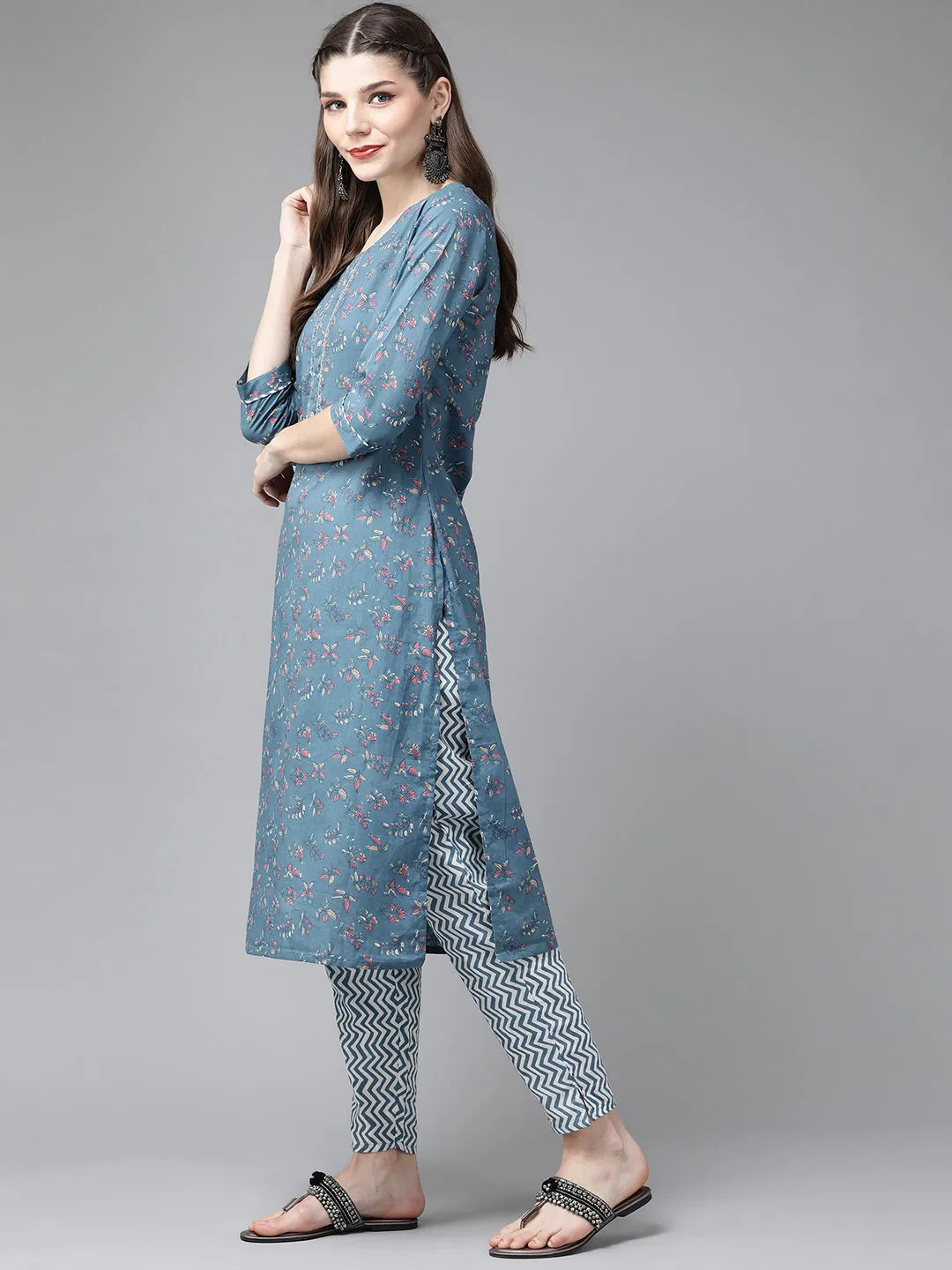 Blue Ethnic Printed Kurta Set-Yufta Store-4710SETBLS