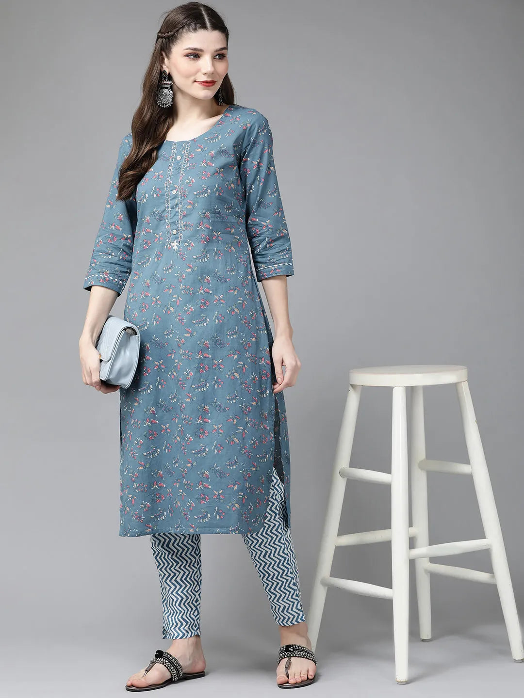 Blue Ethnic Printed Kurta Set-Yufta Store-4710SETBLS