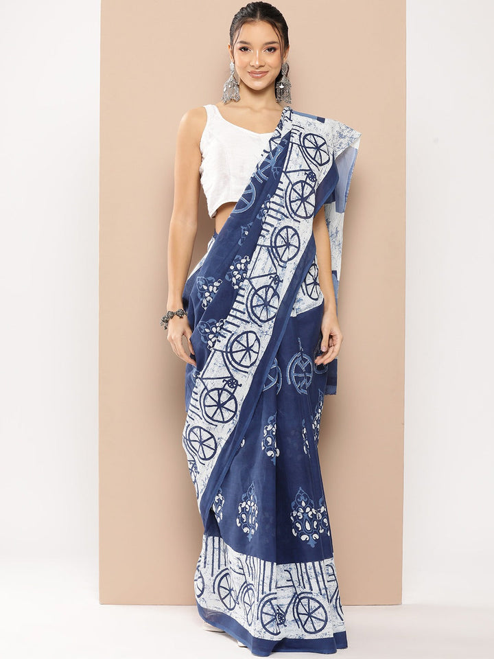 Blue Ethnic motifs Mulmul Cotton Sarees With Unstitched Blouse-Yufta Store-1960SARBL
