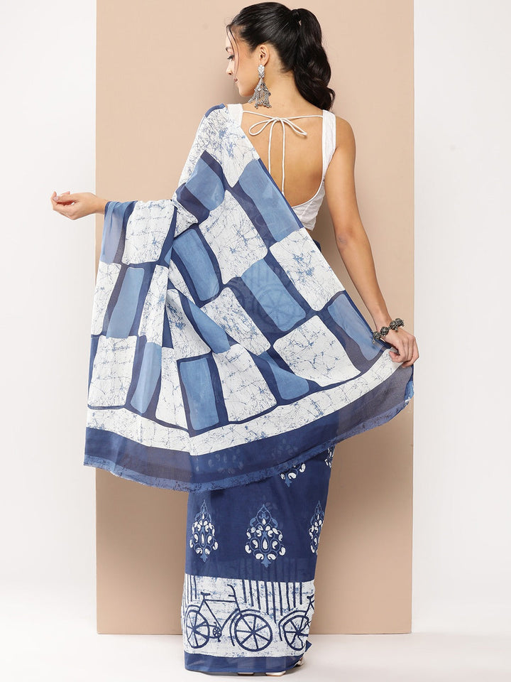 Blue Ethnic motifs Mulmul Cotton Sarees With Unstitched Blouse-Yufta Store-1960SARBL