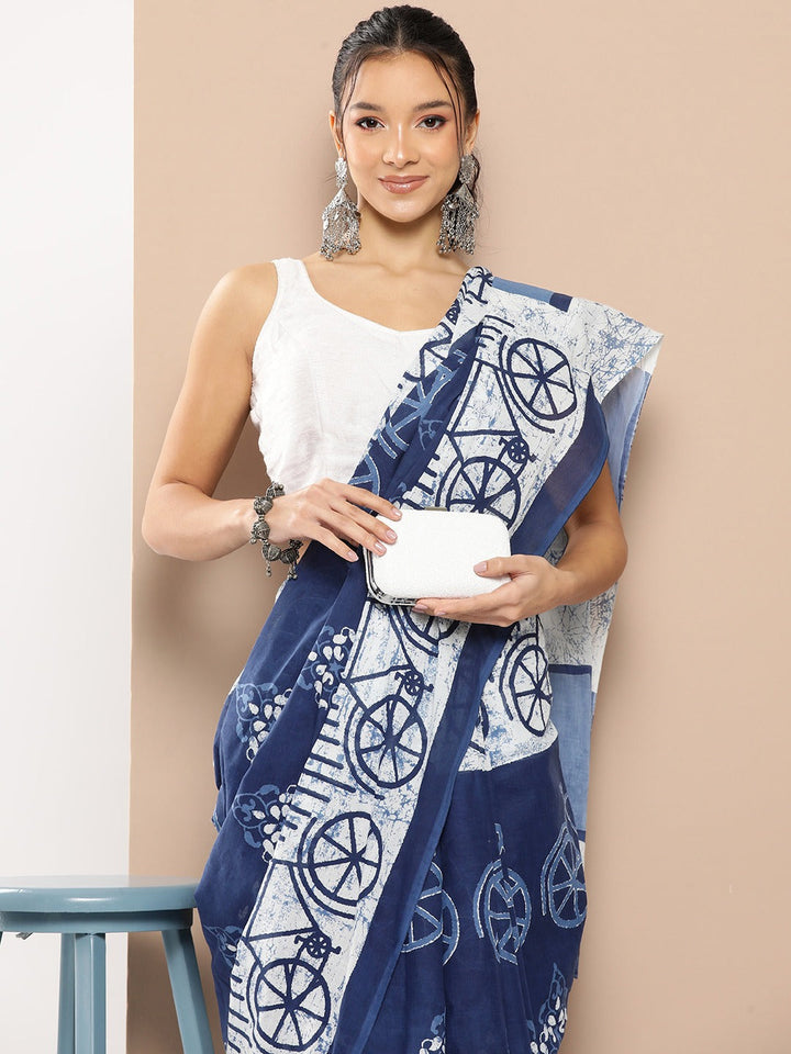 Blue Ethnic motifs Mulmul Cotton Sarees With Unstitched Blouse