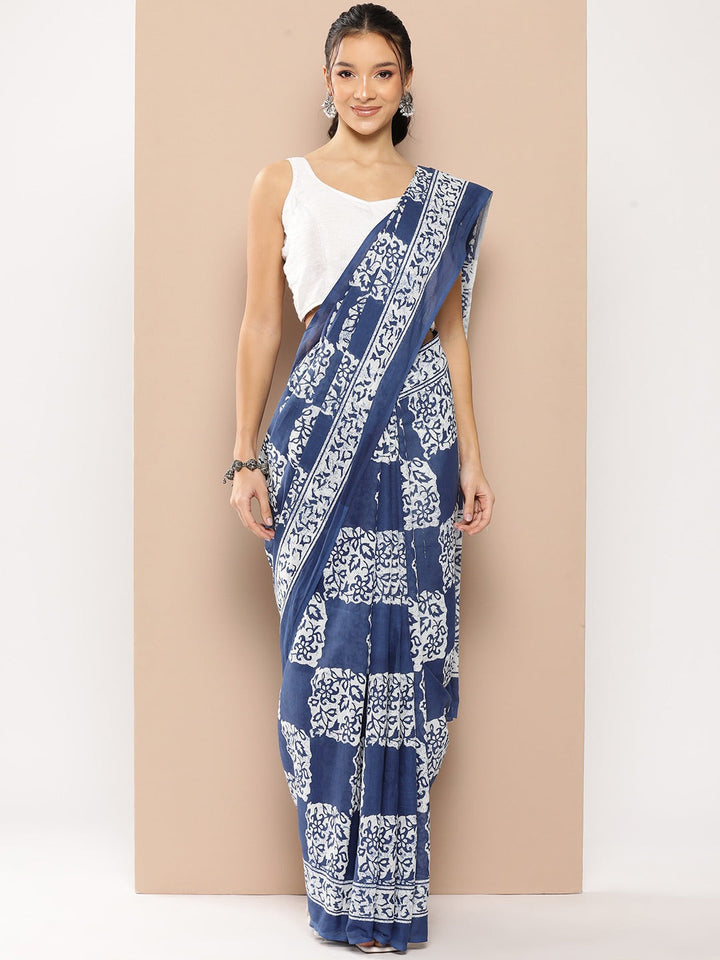 Blue Ethnic motifs Mulmul Cotton Sarees With Unstitched Blouse