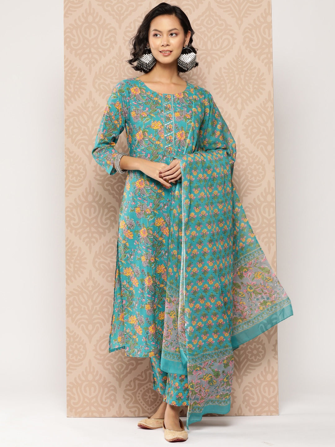 Blue Floral Cotton Kurta Dupatta Set-Yufta Store-1234SKDBLS