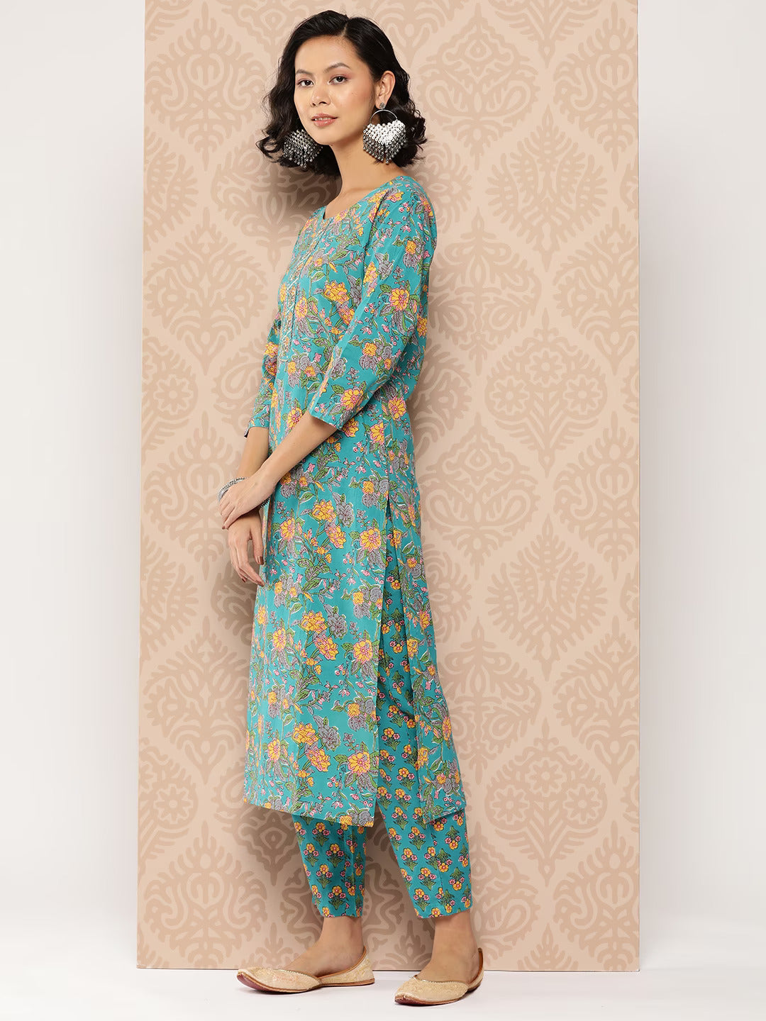 Blue Floral Cotton Kurta Dupatta Set-Yufta Store-1234SKDBLS