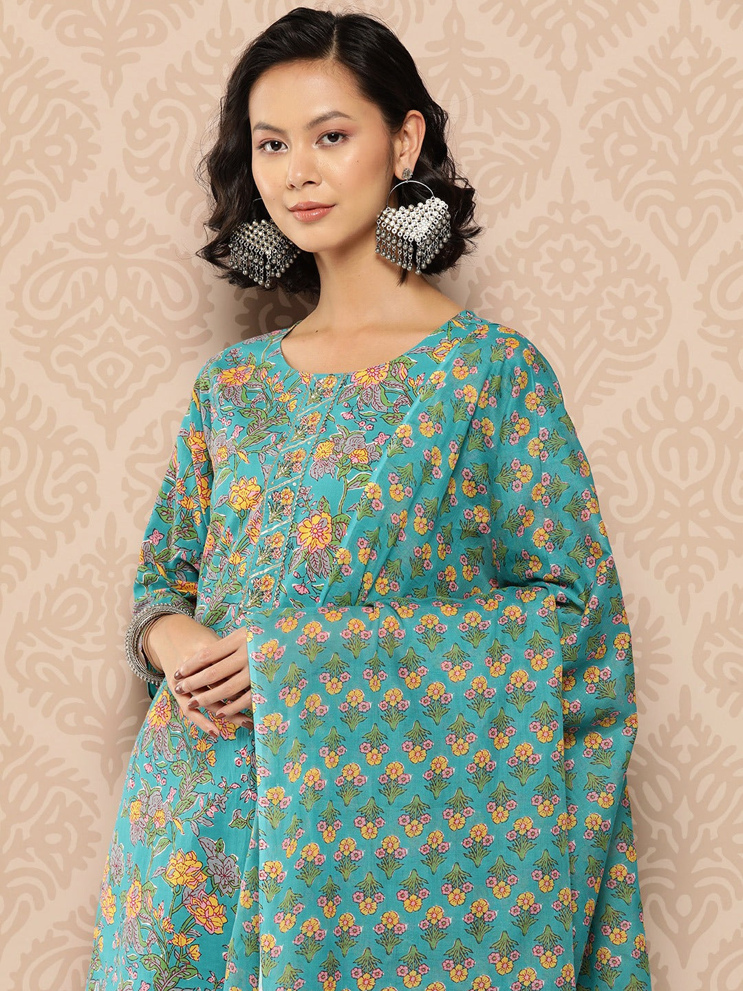 Blue Floral Cotton Kurta Dupatta Set-Yufta Store-1234SKDBLS