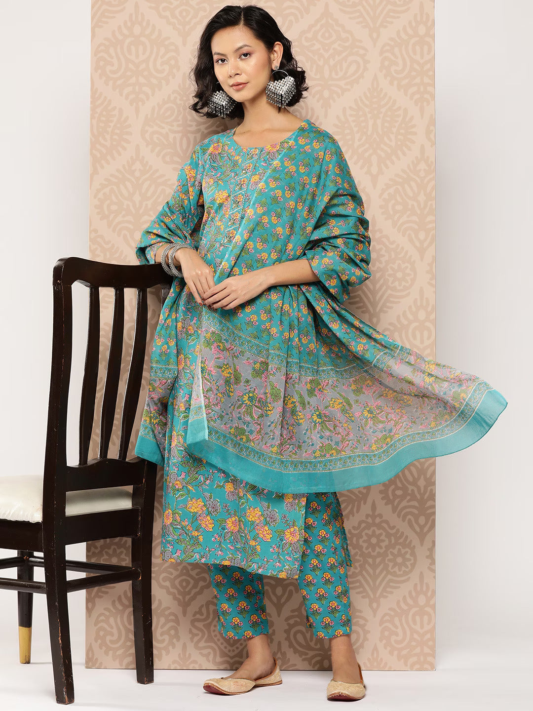 Blue Floral Cotton Kurta Dupatta Set-Yufta Store-1234SKDBLS