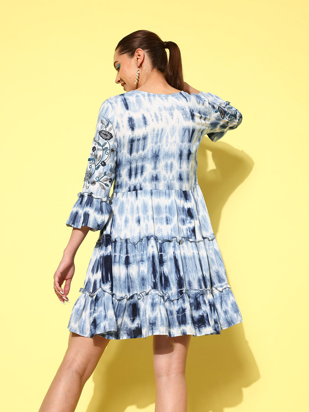 Blue Floral Embroidered Bell Sleeve Fit & Flare Mini Dress-Yufta Store-1339DRSBLS