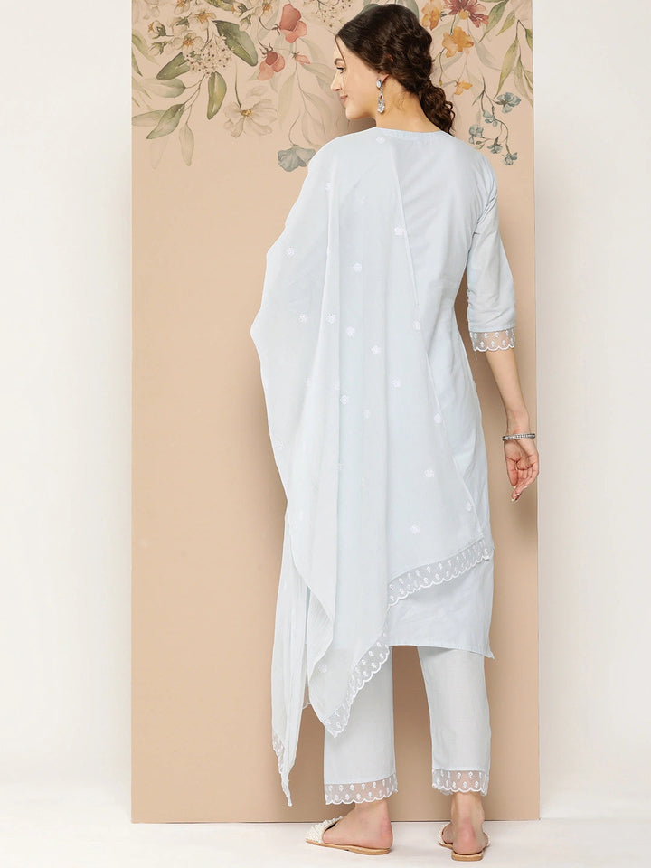 Blue Floral Embroidered Straight Shape Cotton Kurta Dupatta Set-Yufta Store-1255SKDBLS