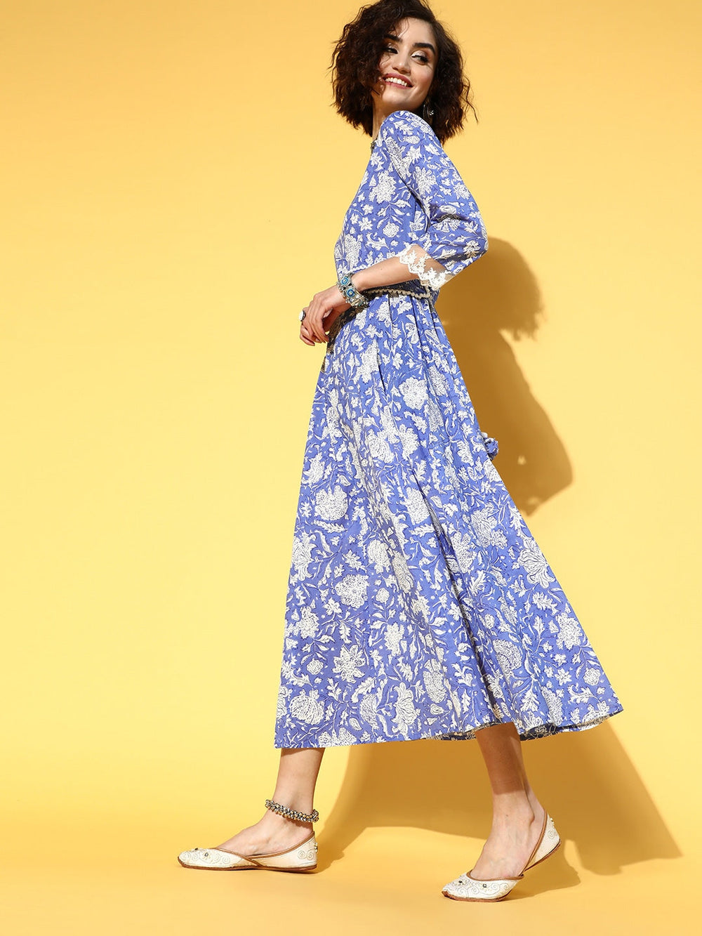 Blue Floral Ethnic Dress-Yufta Store-9504DRSBLS