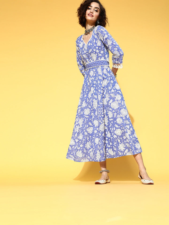 Blue Floral Ethnic Dress-Yufta Store-9504DRSBLS
