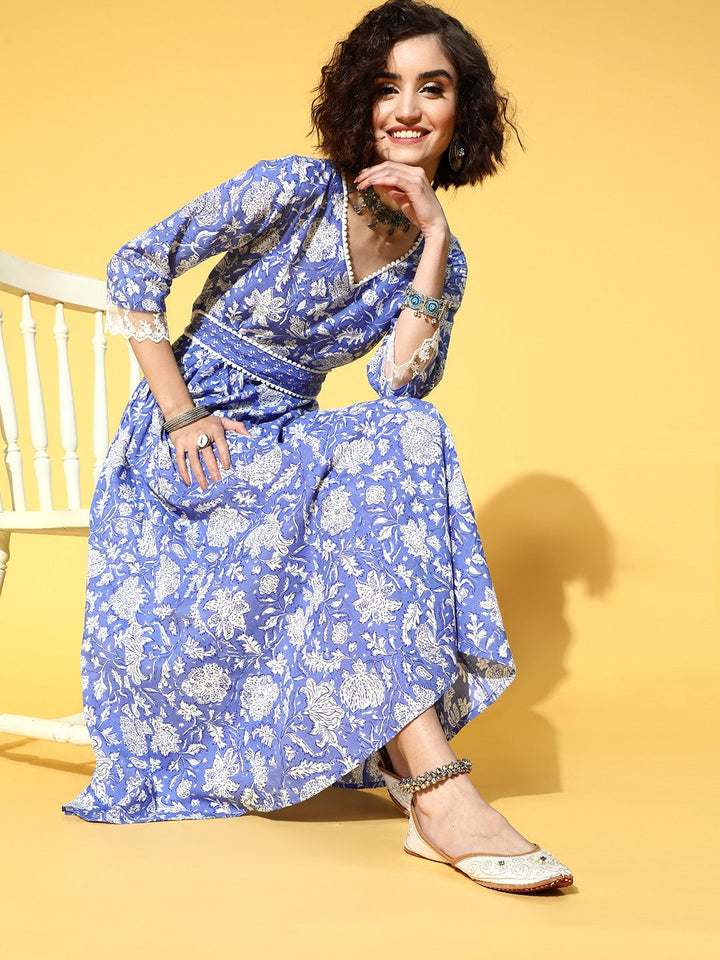 Blue Floral Ethnic Dress-Yufta Store-9504DRSBLS