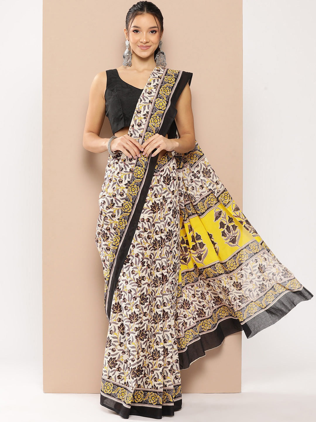 Blue Floral Mulmul Cotton Sarees With Unstitched Blouse-Yufta Store-1979SARCR