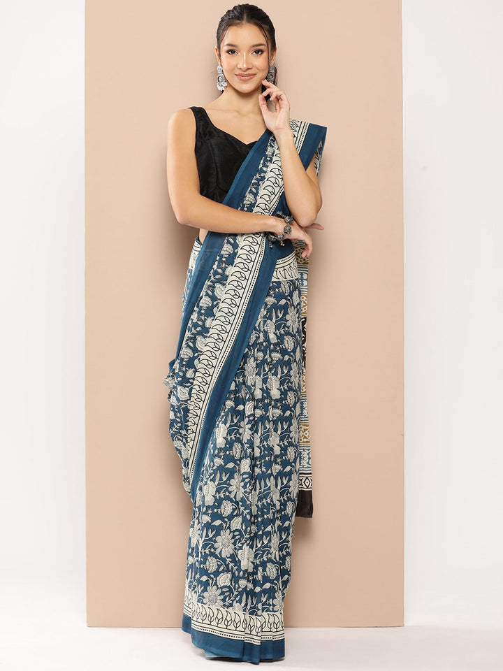 Blue Floral Mulmul Cotton Sarees With Unstitched Blouse-Yufta Store-1983SARBL