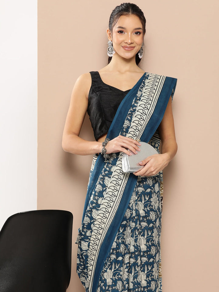 Blue Floral Mulmul Cotton Sarees With Unstitched Blouse-Yufta Store-1983SARBL