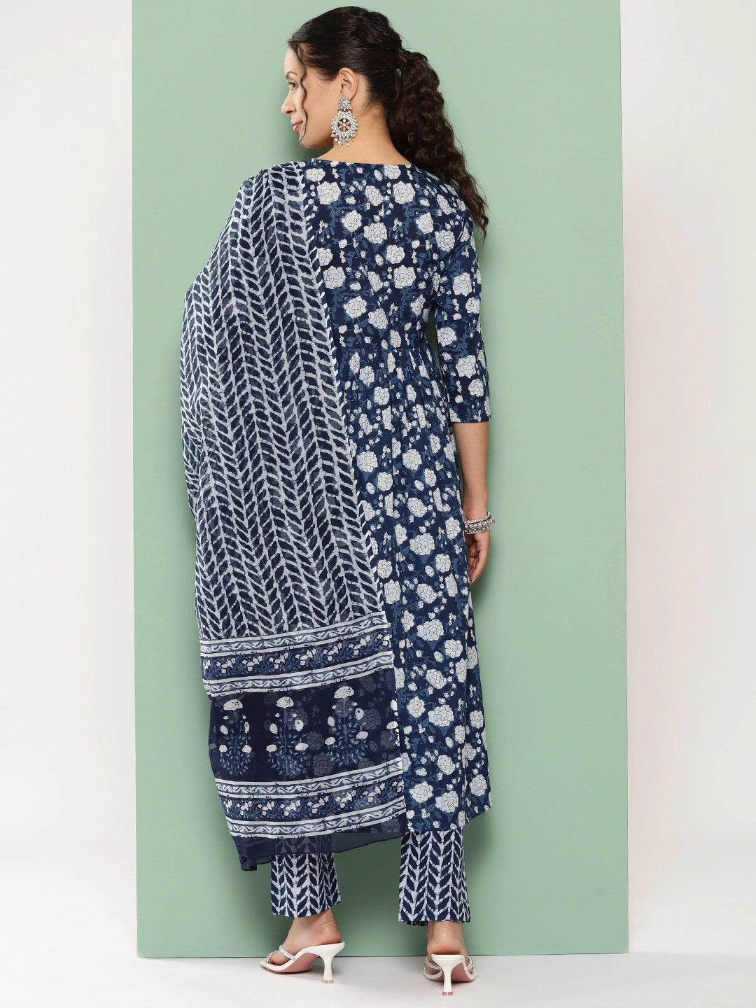 Blue Floral Print Anarkali Shape Kurta with Trousers & With Dupatta-Yufta Store-1334SKDBLS