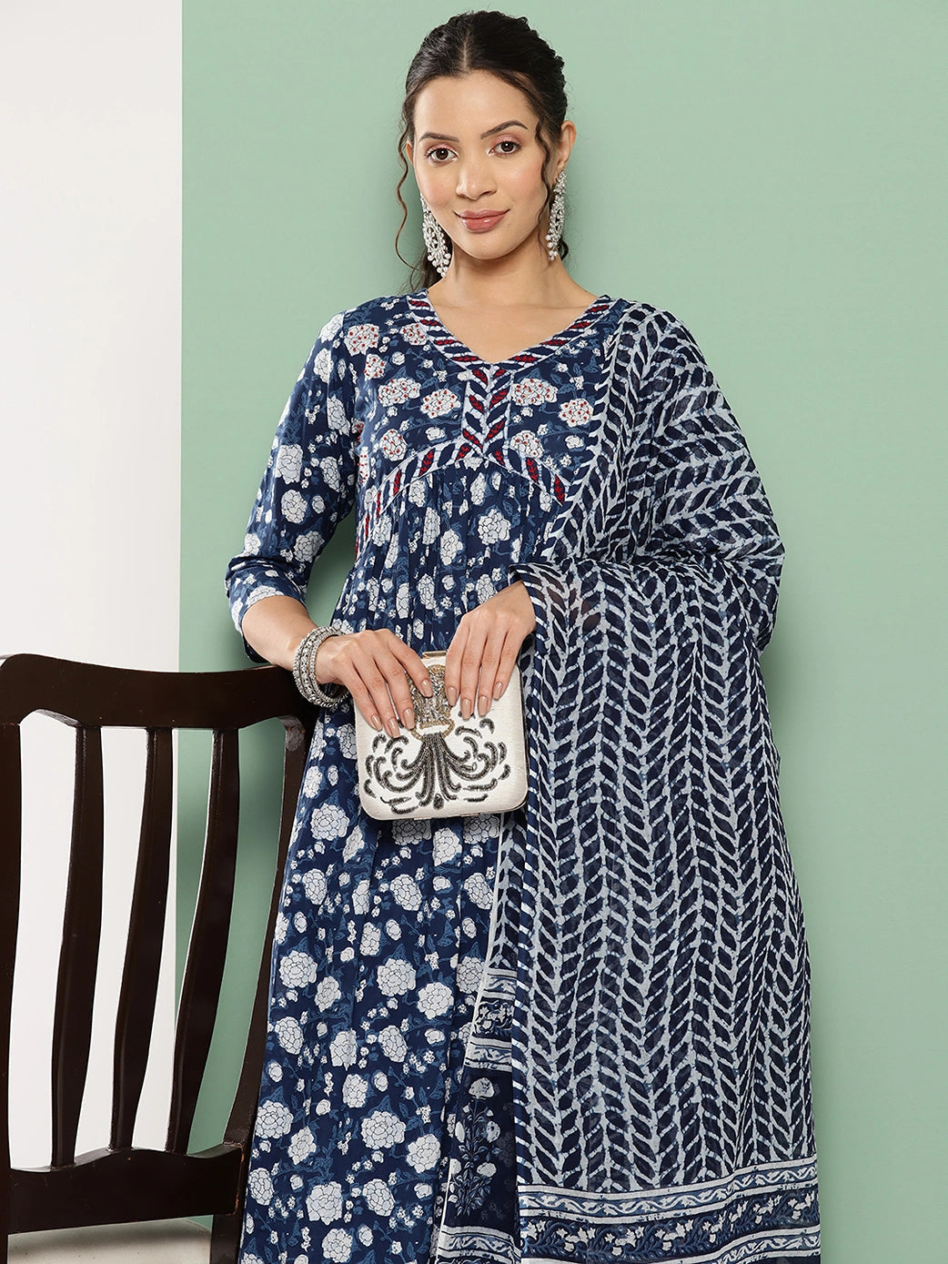 Blue Floral Print Anarkali Shape Kurta with Trousers & With Dupatta-Yufta Store-1334SKDBLS