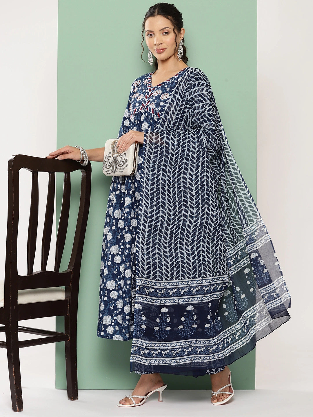 Blue Floral Print Anarkali Shape Kurta with Trousers & With Dupatta