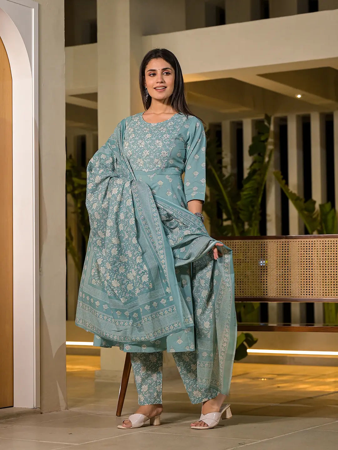 Blue Floral Print Cotton Anarkali Style Kurta With Trousers With Dupatta Set-Yufta Store-6876SKDBLS