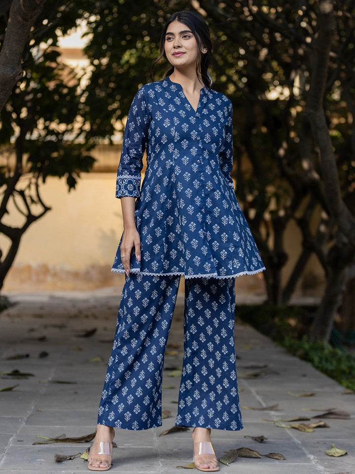 Blue Floral Print Cotton Co-Ord Set-Yufta Store-1923CRDBLS