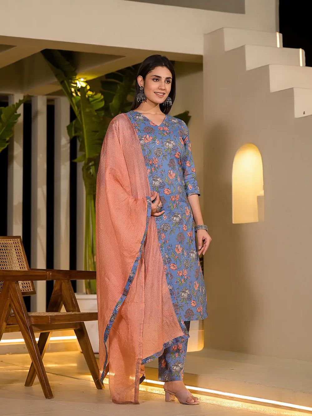 Blue Floral Print Cotton Straight Style Kurta And Trousers With Dupatta Set-Yufta Store-6908SKDBLS