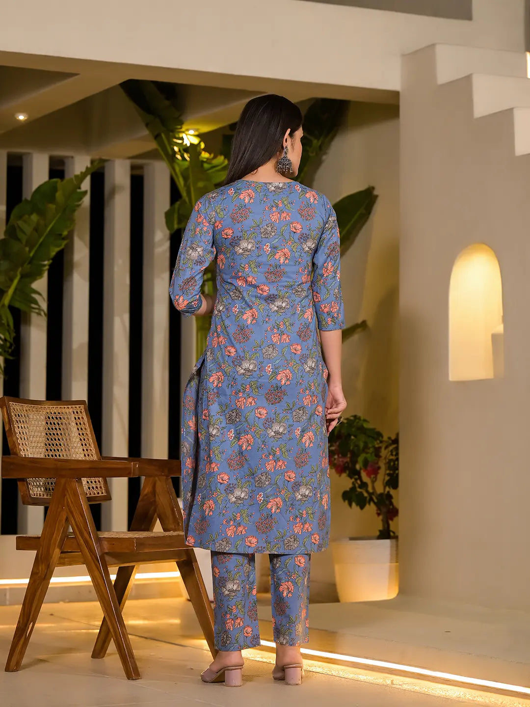 Blue Floral Print Cotton Straight Style Kurta And Trousers With Dupatta Set-Yufta Store-6908SKDBLS