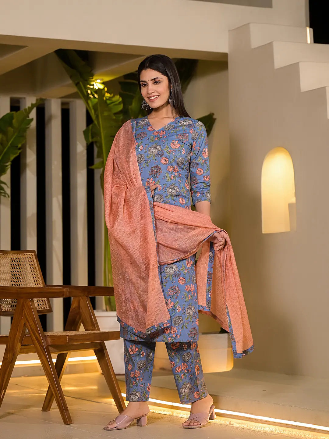 Blue Floral Print Cotton Straight Style Kurta And Trousers With Dupatta Set-Yufta Store-6908SKDBLS