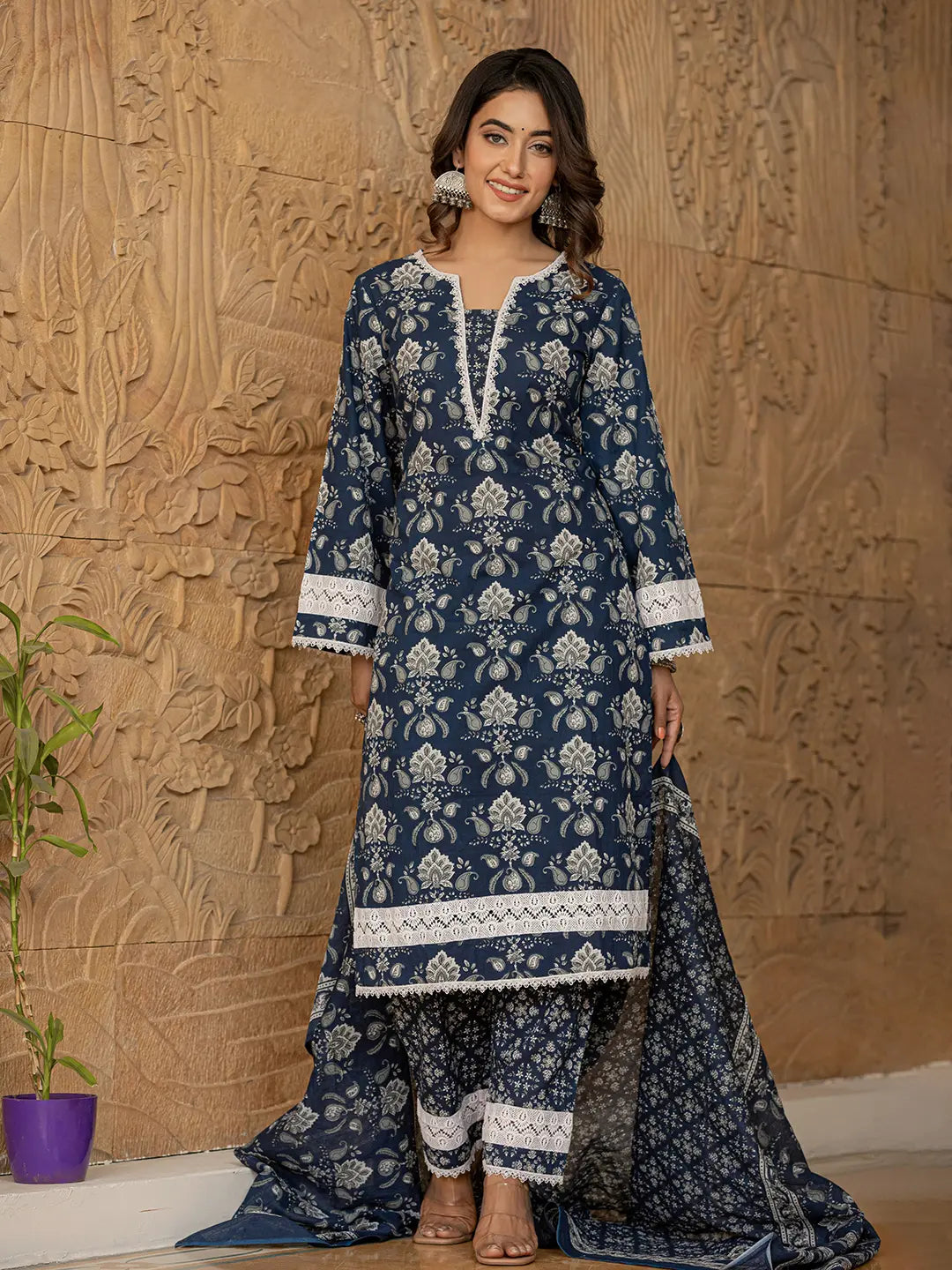Blue Floral Print Pakistani Style Kurta Trouser And Dupatta Set-Yufta Store-6855SKDBLS