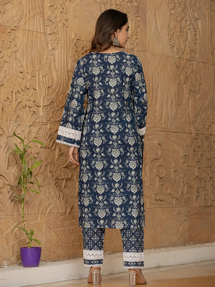 Blue Floral Print Pakistani Style Kurta Trouser And Dupatta Set