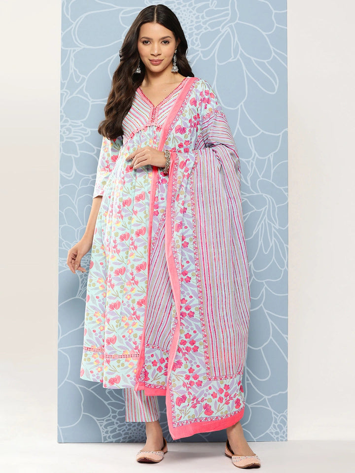 Blue Floral Print Regular Kantha Work Pure Cotton Kurta with Trousers & Dupatta-Yufta Store-1330SKDSBS