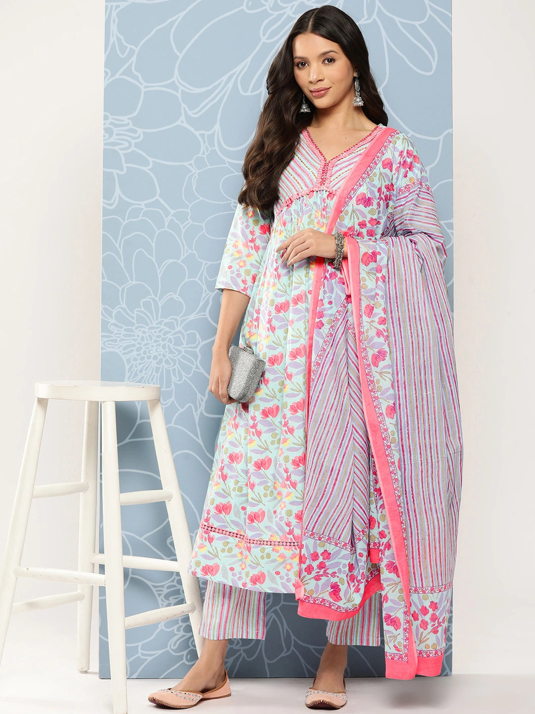 Blue Floral Print Regular Kantha Work Pure Cotton Kurta with Trousers & Dupatta