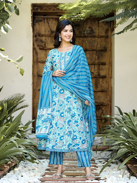 Blue Floral Print Regular Pure Cotton Kurta With Trousers & Dupatta
