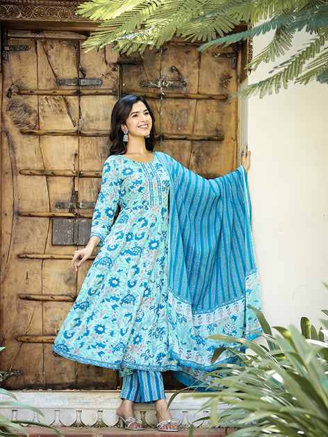 Blue Floral Print Regular Pure Cotton Kurta With Trousers & Dupatta-Yufta Store-1197SKDSBS
