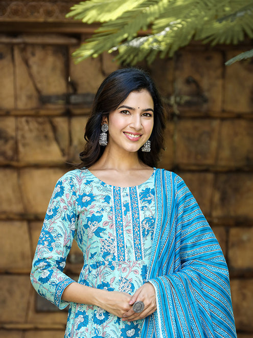 Blue Floral Print Regular Pure Cotton Kurta With Trousers & Dupatta