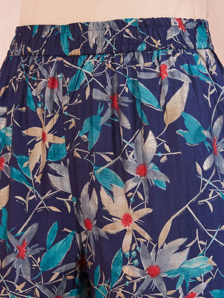 Blue Floral Print Sequins_Work Straight Kurta Trouser And Dupatta Set-Yufta Store-1784SKDBLS