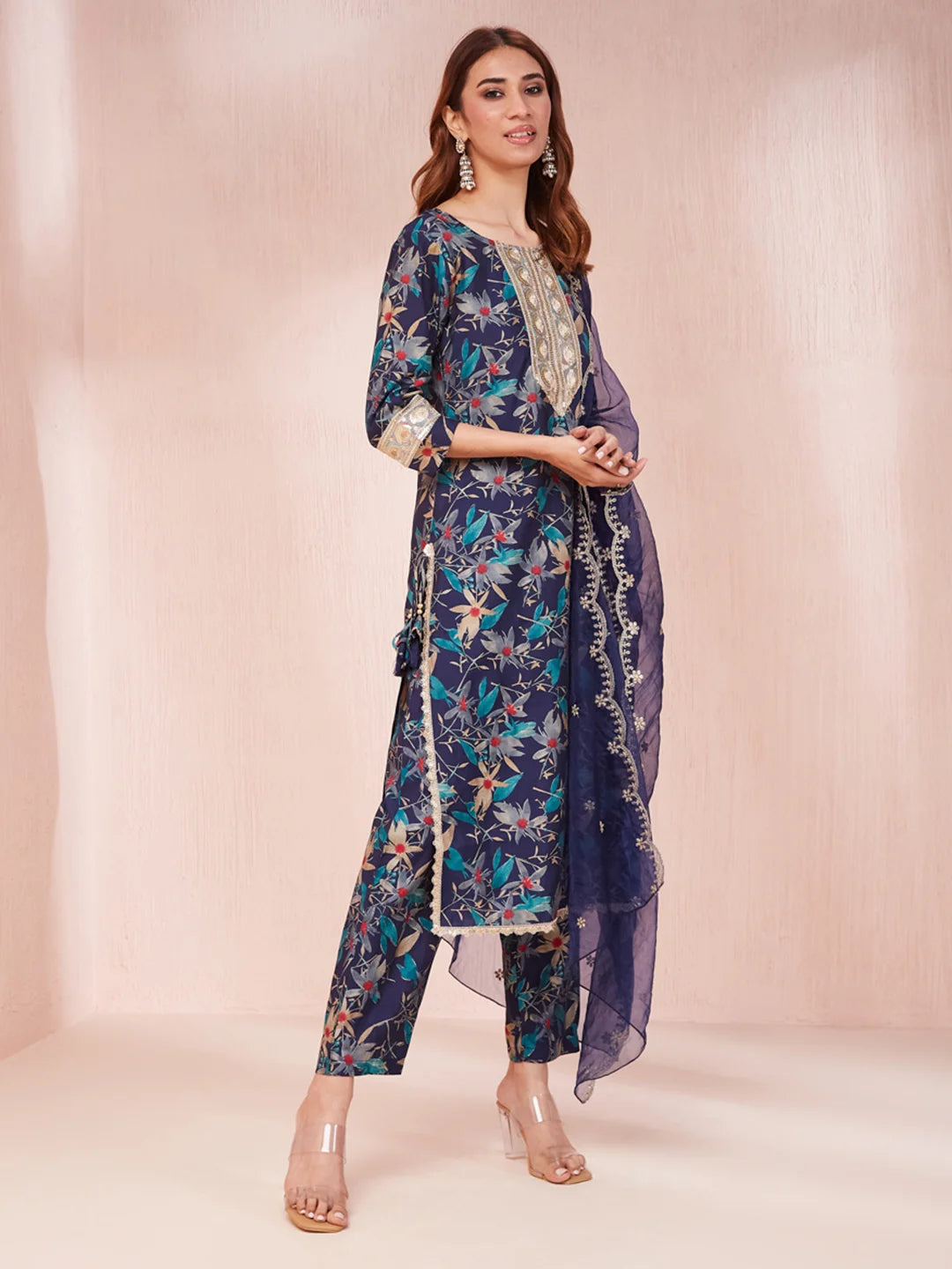 Blue Floral Print Sequins_Work Straight Kurta Trouser And Dupatta Set