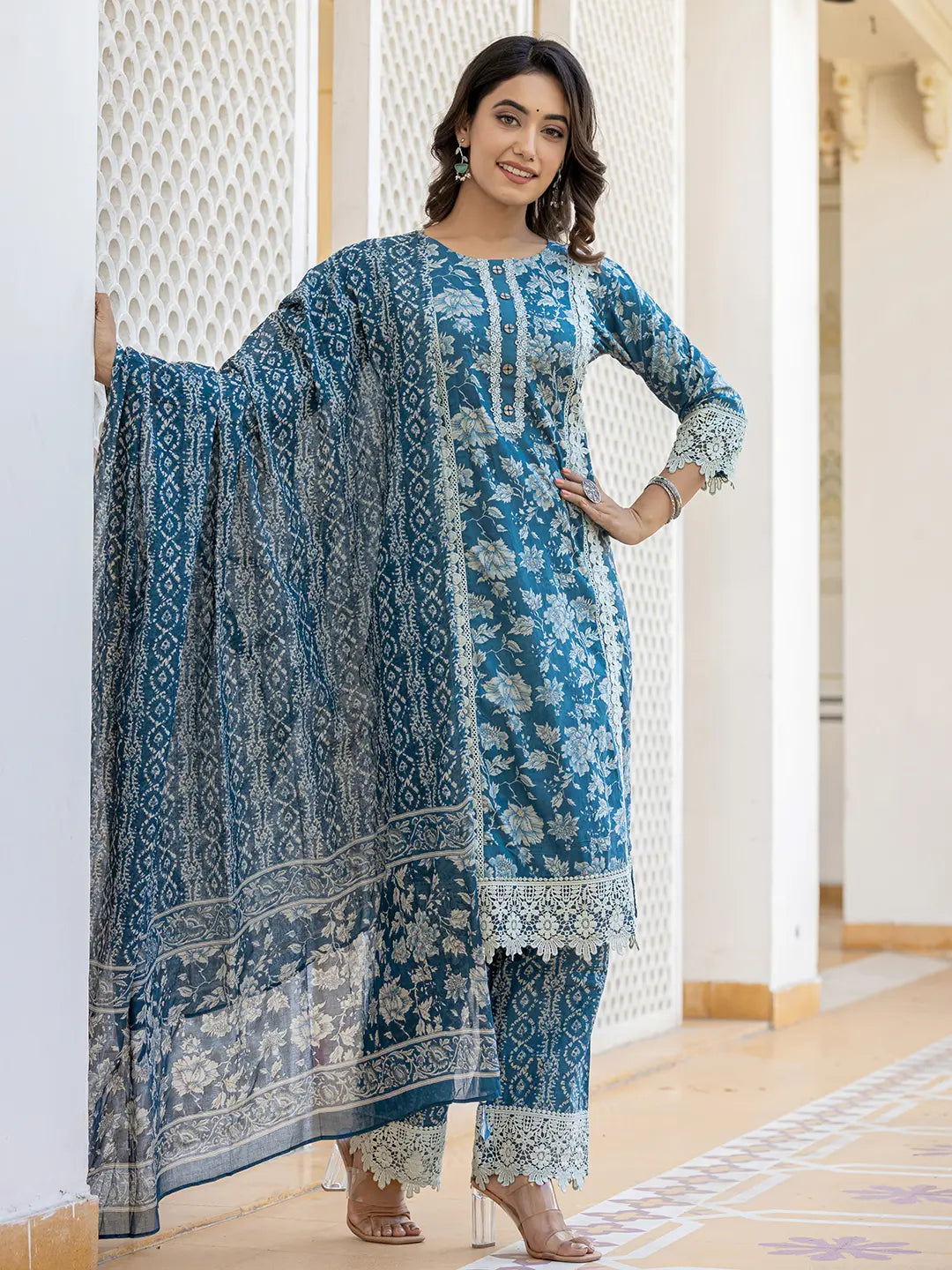 Blue Floral Print Straight Pakistani Style Kurta Trouser And Dupatta Set With Lace Work-Yufta Store-6884SKDBLM