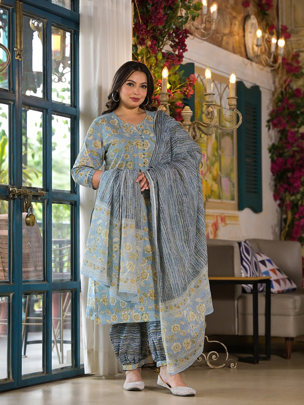 Blue Floral Print Straight Plus size Kurta Harem pants And Dupatta Set-Yufta Store-1432PSKDBL3XL