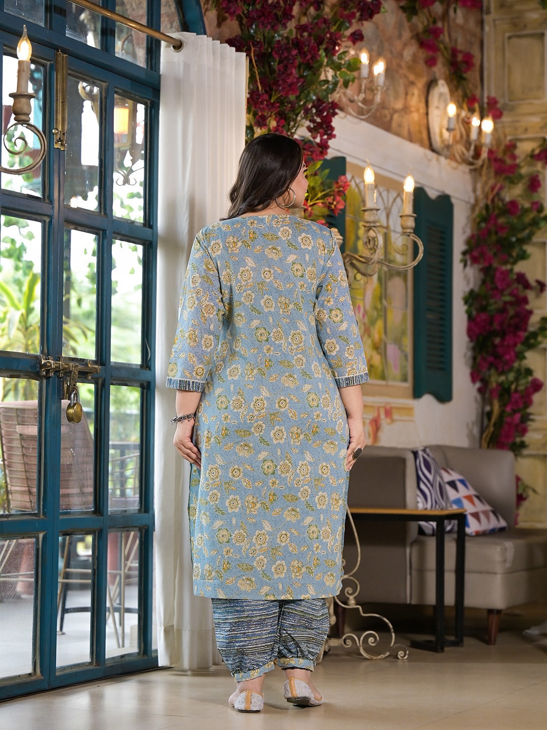 Blue Floral Print Straight Plus size Kurta Harem pants And Dupatta Set-Yufta Store-1432PSKDBL3XL