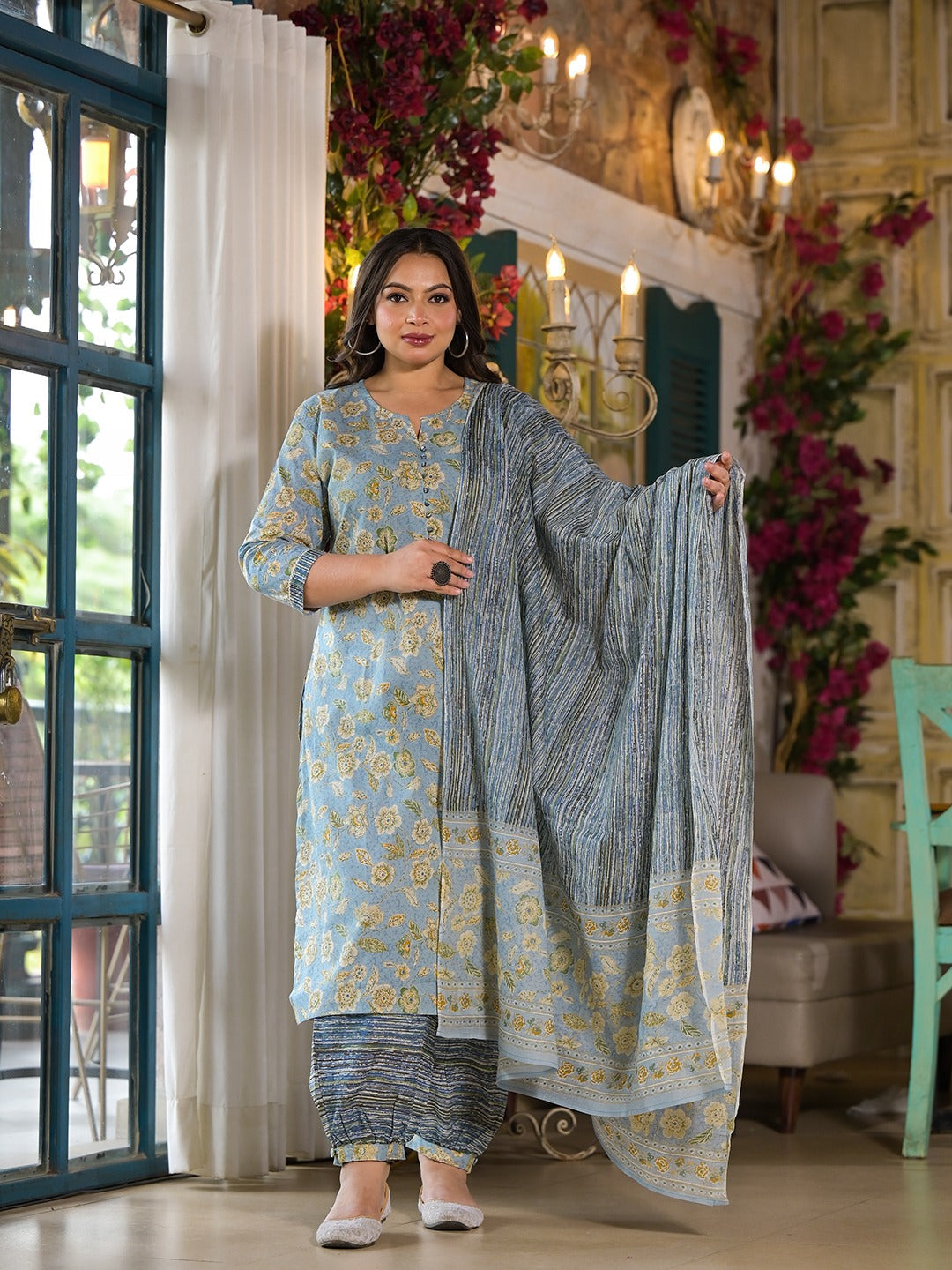 Blue Floral Print Straight Plus size Kurta Harem pants And Dupatta Set-Yufta Store-1432PSKDBL3XL