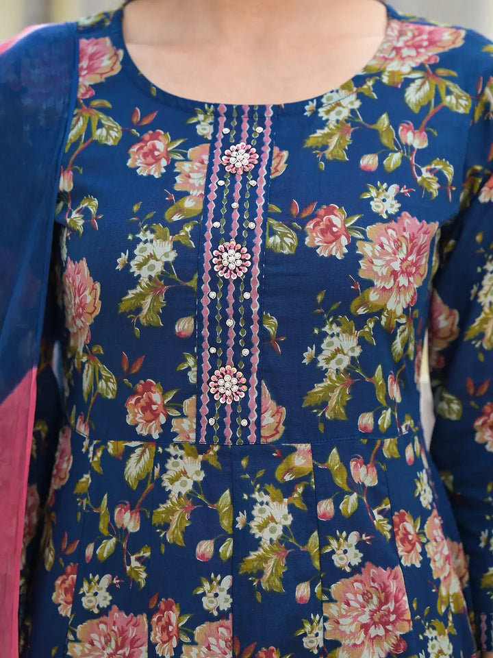 Blue Floral Print Zari Work Anarkali Kurta Trouser With Dupatta Set-Yufta Store-6919SKDBLS