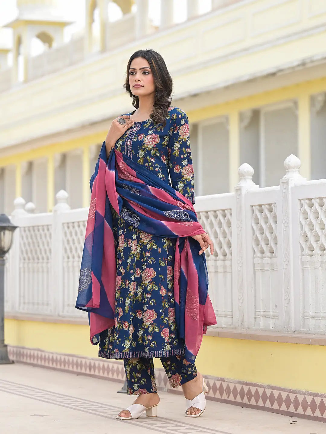 Blue Floral Print Zari Work Anarkali Kurta Trouser With Dupatta Set-Yufta Store-6919SKDBLS