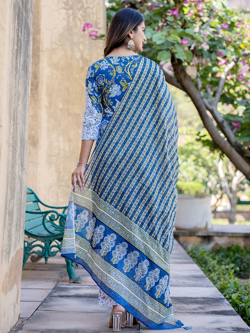 Blue Floral Print,Thread_Work Pakistani Style Kurta Trouser And Dupatta Set-Yufta Store-1992SKDBLS
