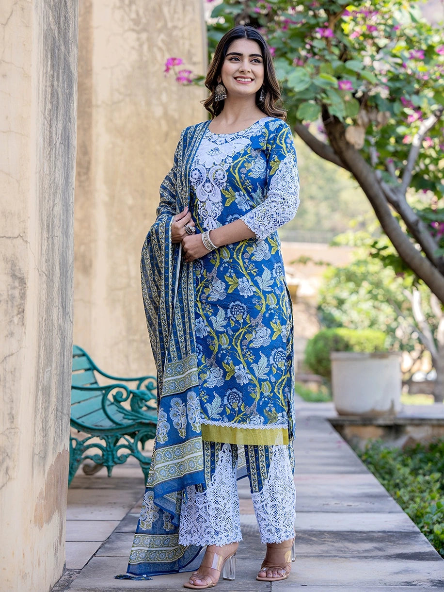 Blue Floral Print,Thread_Work Pakistani Style Kurta Trouser And Dupatta Set-Yufta Store-1992SKDBLS