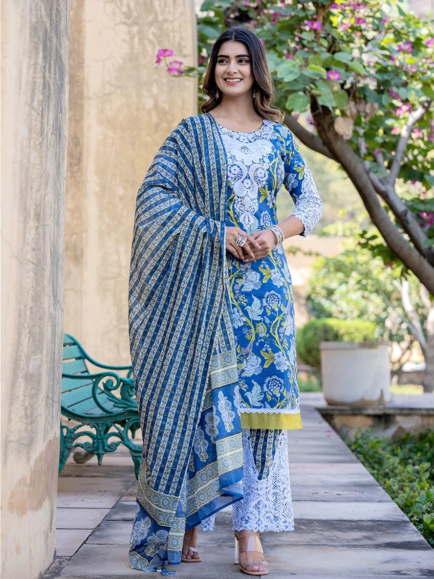 Blue Floral Print,Thread_Work Pakistani Style Kurta Trouser And Dupatta Set-Yufta Store-1992SKDBLS