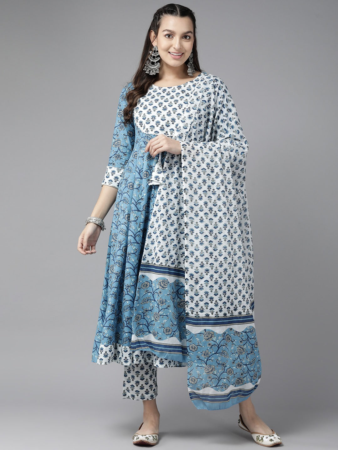 Blue Floral Printed Anarkali Shape Kurta Dupatta Set-Yufta Store-1189SKDBLS