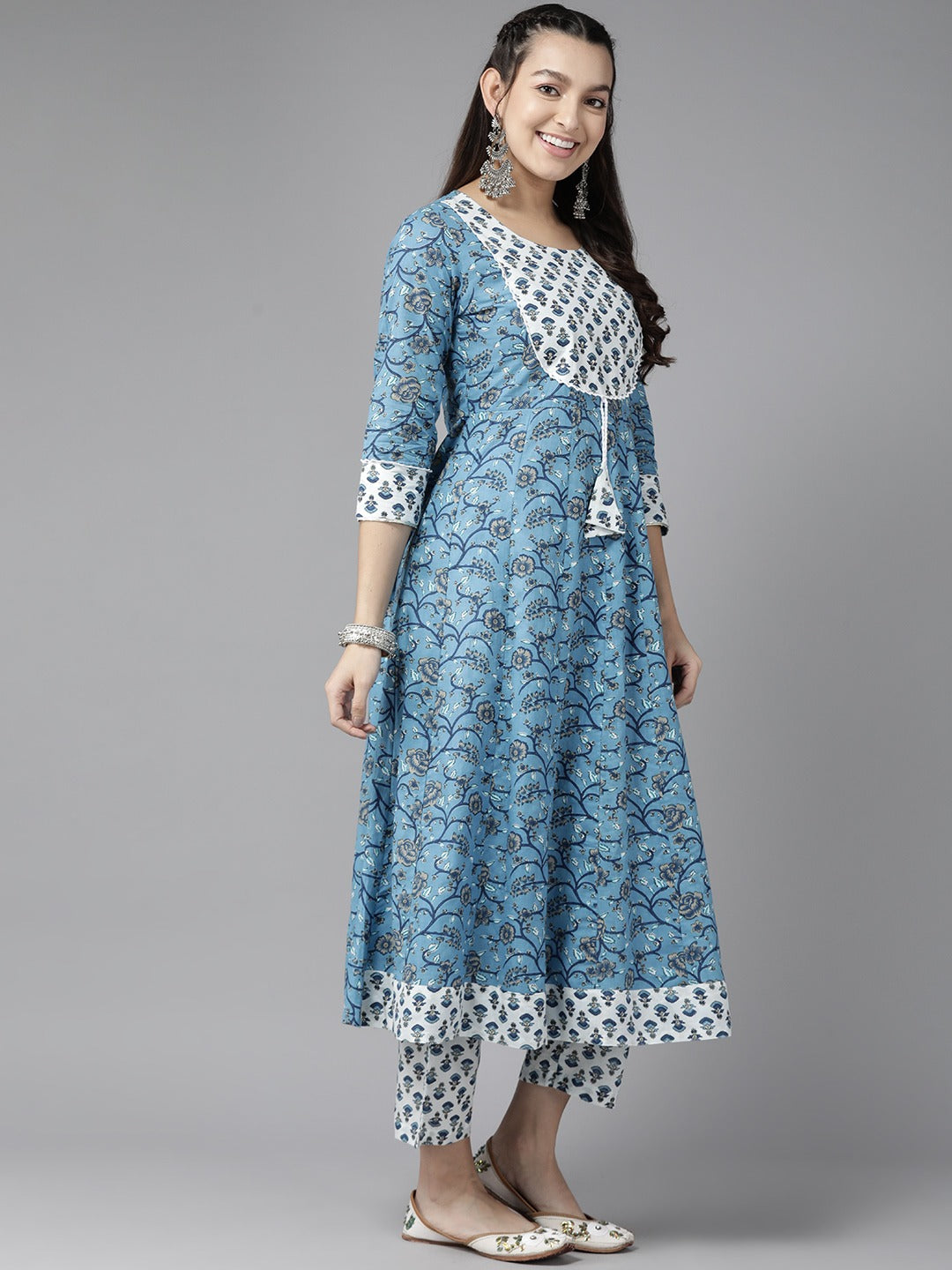 Blue Floral Printed Anarkali Shape Kurta Dupatta Set-Yufta Store-1189SKDBLS